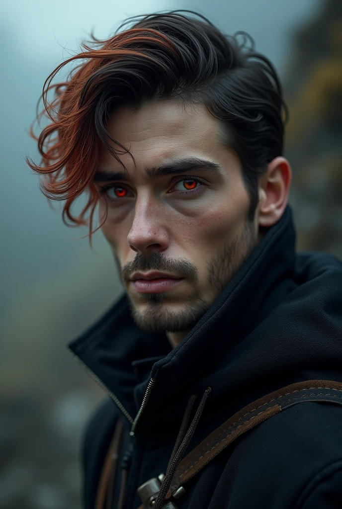 man of Nordic origin with discreet features, with black and red hair and slightly reddish eyes
