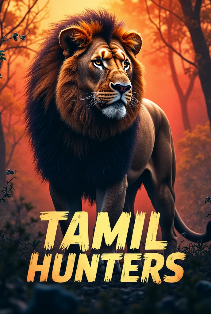 Create a pic where the wordings (Tamil hunters) should be written and highlighted not only this it should have a lion pic .The pic should be super attractive