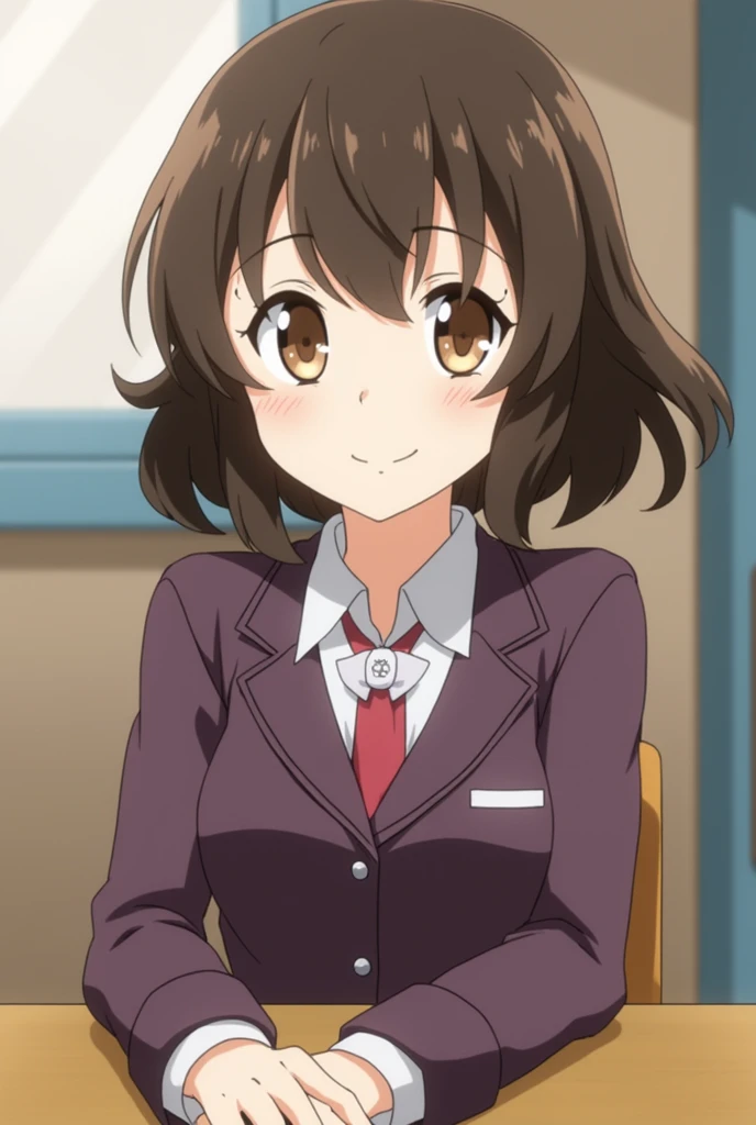 My Hero Academia Screenshots.
A girl with medium-short brown layered hair, 
With bangs. She has brown eyes.、He has a happy look. She is wearing the UA uniform.、In the background is a UA school class.、Sitting at the table。.
