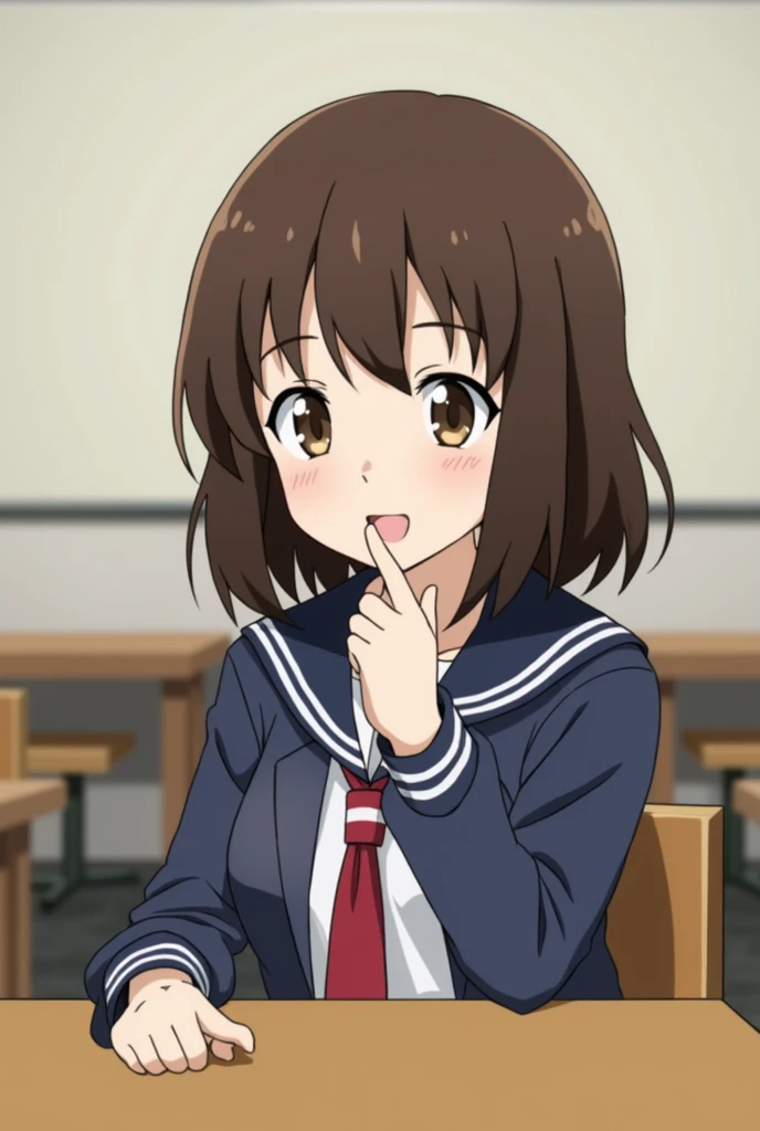 My Hero Academia Screenshots.
A girl with medium-short brown layered hair,
With bangs. She has brown eyes.、He has a happy look. She is wearing the UA uniform.、In the background is a UA school class.、Sitting at the table。.