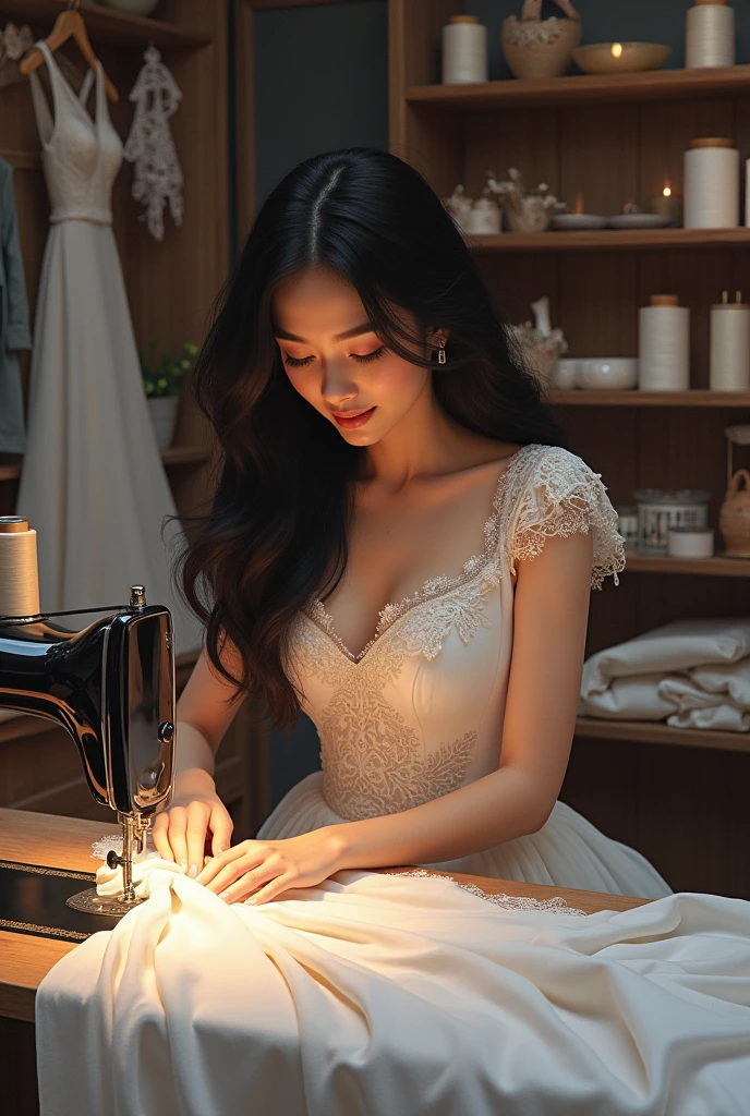 A woman with long black hair in a sewing studio sewing a wedding dress