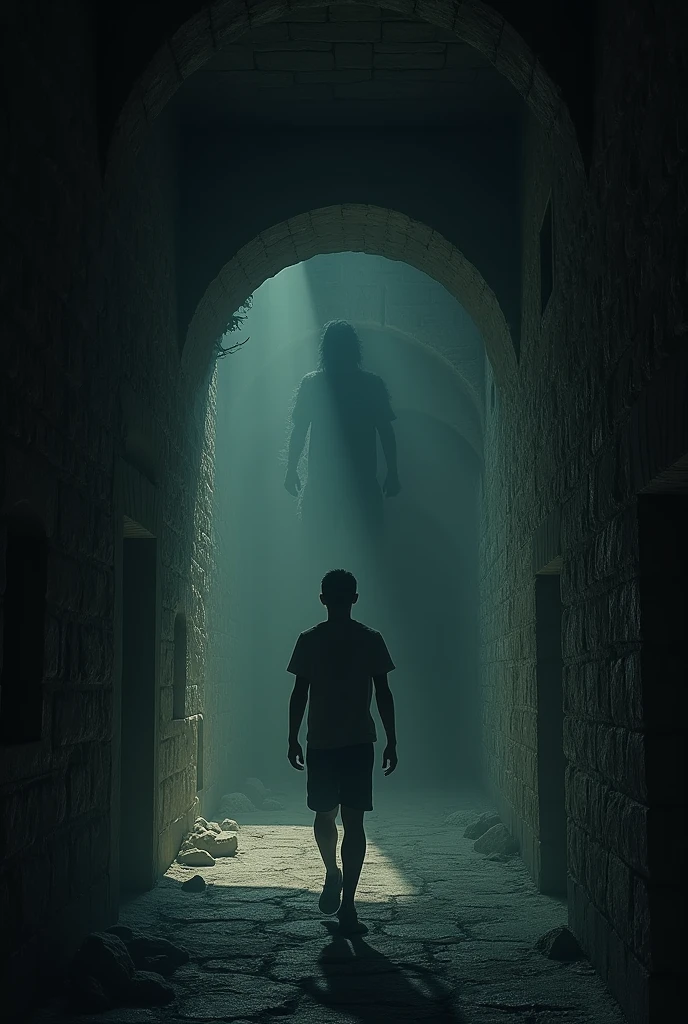 A dimly lit corridor within the fort with shadows dancing on the walls. The young man looks around nervously, as ghostly, indistinct figures loom in the darkness."