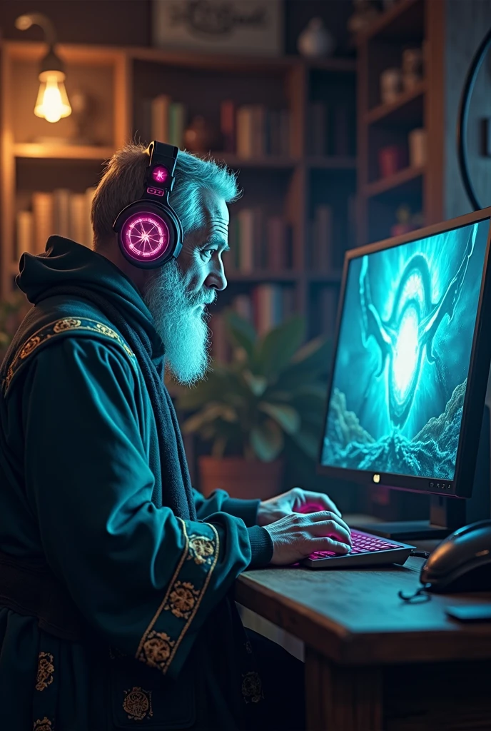 
wizard playing on computer gamer with headphones