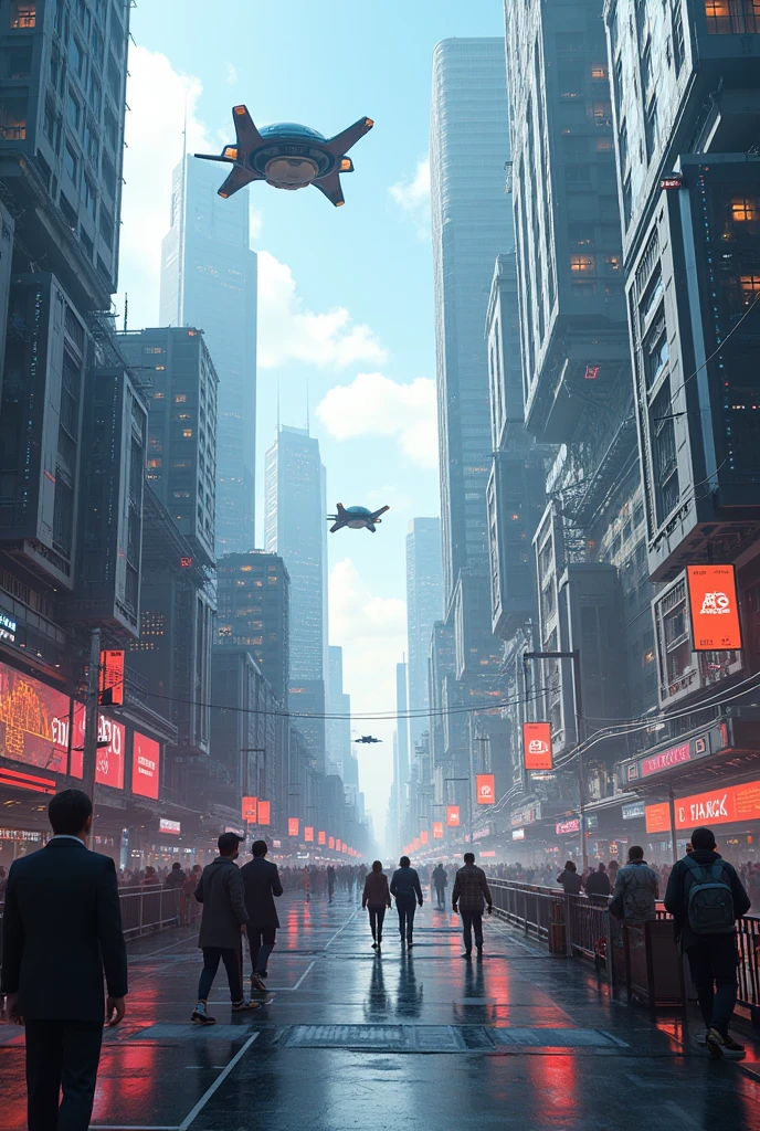 "Create an AI video showcasing futuristic cityscapes, advanced robots, flying cars, and bustling streets, highlighting innovation, technology, and connectivity."