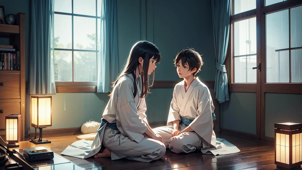 A scene of a Japanese anime-style room, with a large window showing a soft, relaxing rain. Inside the room, a girl and a boy sit on the floor, both in relaxed poses, as if listening to music on an old record player. The soft light of a lamp illuminates the room with a warm tone. The rain should be present only outside the window, while the interior is kept warm and cozy. Anime-style details, with a pastel color palette and minimalist touches.