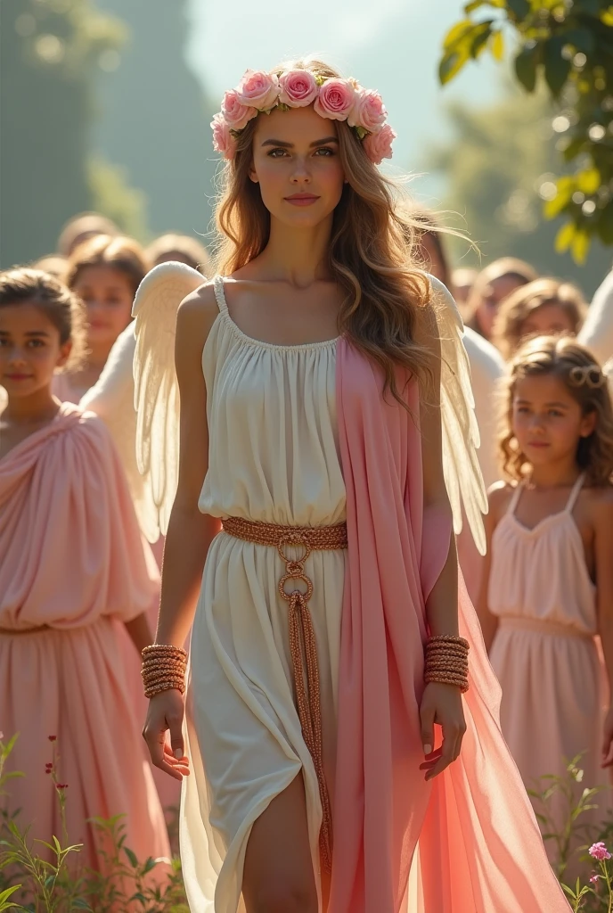 Illustrate Actress Emma Watson as a Greek goddess in white and pink robes, skirt short, copper bracelets, flower tiara, in a paradise full of children with wings. 8k realistic
