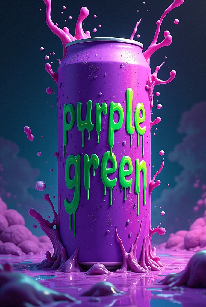 Psychedelic artwork dripping from a purple energy drink can that says Purple Green, Purple written in green and Green written in purple
