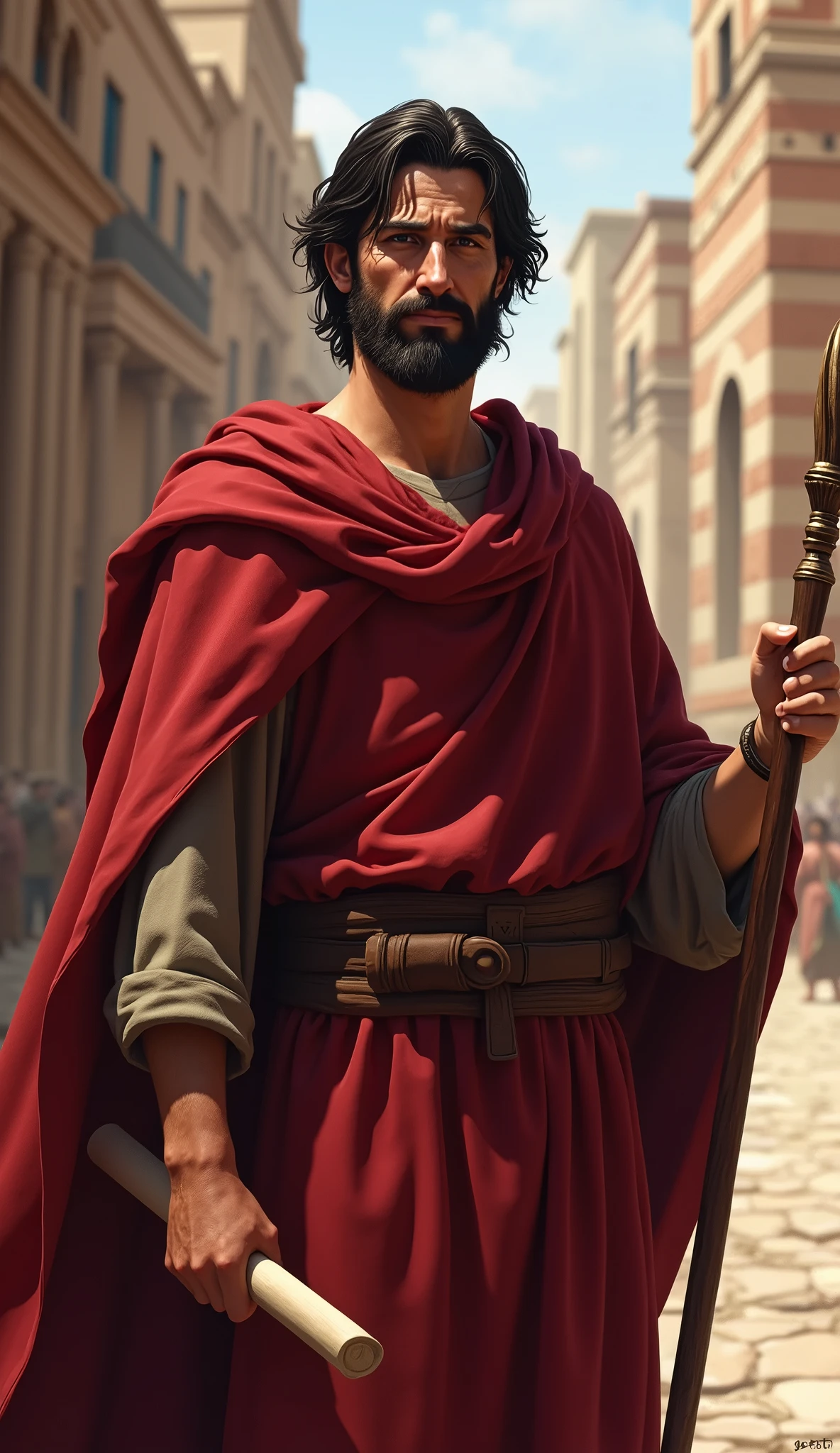 "Create a detailed image of the Apostle Paul in a first-century setting, with accurate historical and cultural elements. Paul should be portrayed as a middle-aged man with straight black hair and a short beard, wearing a red tunic with a draped mantle over his shoulders. He holds a scroll in one hand and a staff in the other, symbolizing his mission to spread the gospel. His expression should convey wisdom and determination. In the background, depict a scene of an ancient Roman city, with stone streets and brick-and-marble buildings, suggesting his missionary journey. The lighting should be soft, capturing the spiritual and historical atmosphere of the scene."