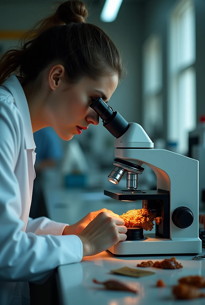 Biologist examining a decomposing fish with a microscope