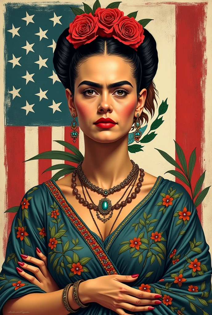 Reinterpret Frida Kahlo&#39;s Self-Portrait on the Border Between Mexico and the United States , but maintains the design aspects of the work , don&#39;t make the image realistic , keep it in drawing format but change something


