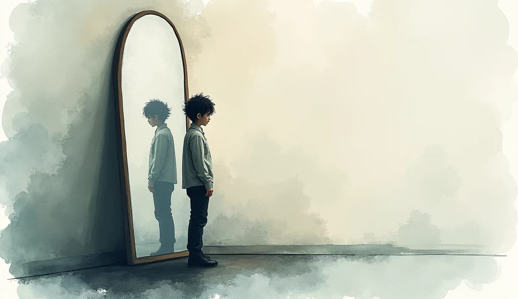 watercolor art A person standing in front of the mirror.