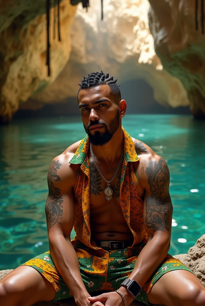 sitting profile White Muslim gangster man with white skin thick lips athletic body masculine energy and sexy defined chin trimmed faded beard short shaved hair on the sides with fade and braids on the sides colorful tattoo, wears a set (add color) with white flower print, open button-down shirt and shorts. In the background, hundreds of cave-like cenotes with yellow lighting and crystal-clear water, poor light