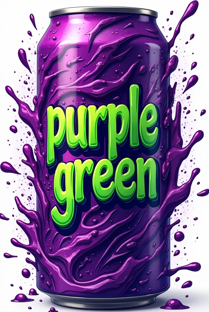 Psychedelic splash art from a purple energy drink can with the words Purple Green written on it, Purple written in green and Green written in purple
