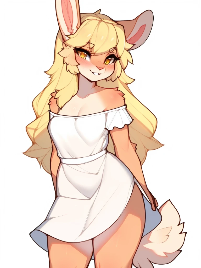 sfw, by claweddrip, by ressue, by pudgeruffian, by fleet-foot, by thericegoat, best quality, masterpiece, solo, female, rabbit, rabbit tail, (lop ears:1.1), blonde hair, long straight hair, beige fur, yellow eyes, bright eyes, medium breast, sundress, white sundress, off-shoulder, frills, gentle smile