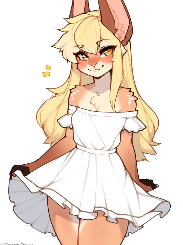 sfw, by claweddrip, by ressue, by pudgeruffian, by fleet-foot, by thericegoat, best quality, masterpiece, solo, female, rabbit, rabbit tail, (lop ears:1.1), blonde hair, long straight hair, beige fur, yellow eyes, bright eyes, medium breast, sundress, white sundress, off-shoulder, frills, gentle smile