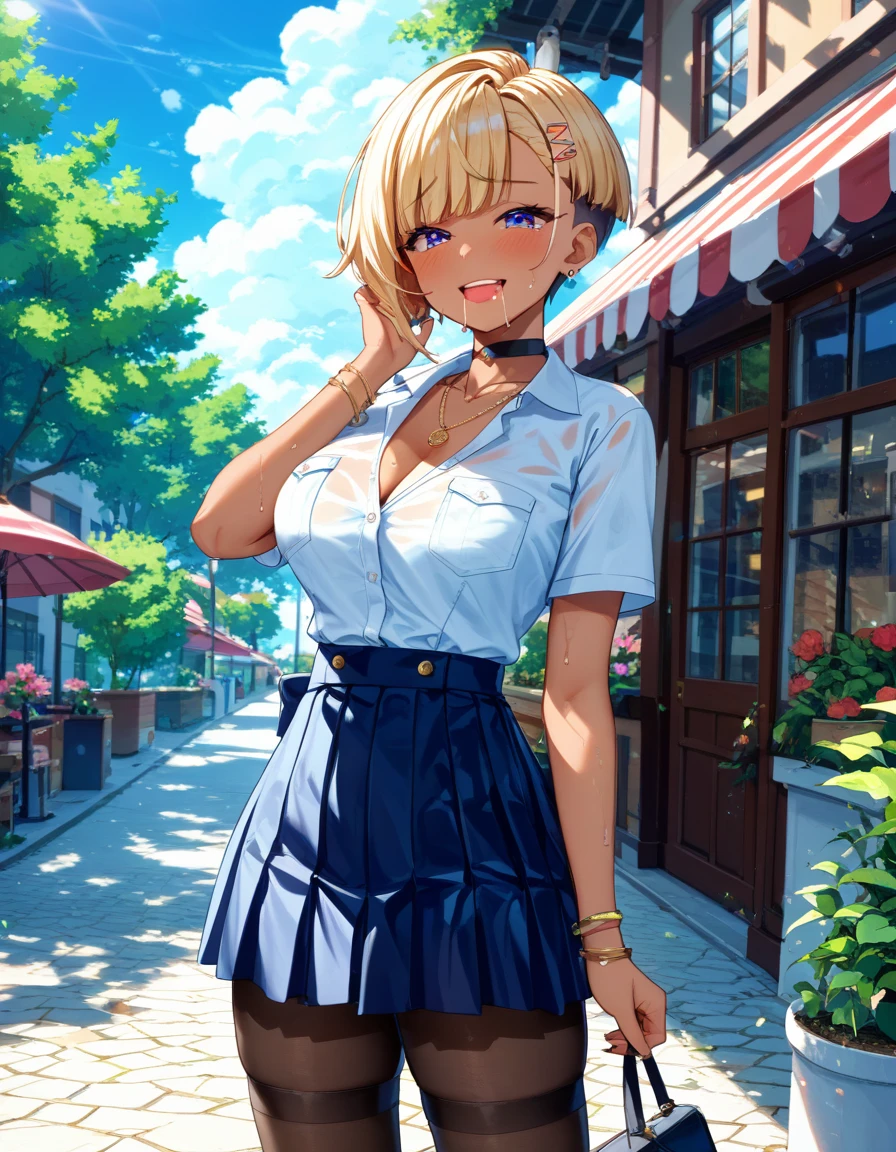 (Highest quality, 4K, 8k, High Resolution masterpiece:1.2), Very detailed, Picturesque, Anime-style photos, Photo Animation:1.37)、a beautiful girl、(Brunette Hair)、(pixie cut)、gyaru、tan、Crowded Street Corner、Ecstasy face、trembling、Sweat、Drooling、crying、vapor、Black choker、pierce、necklace、bracelet、