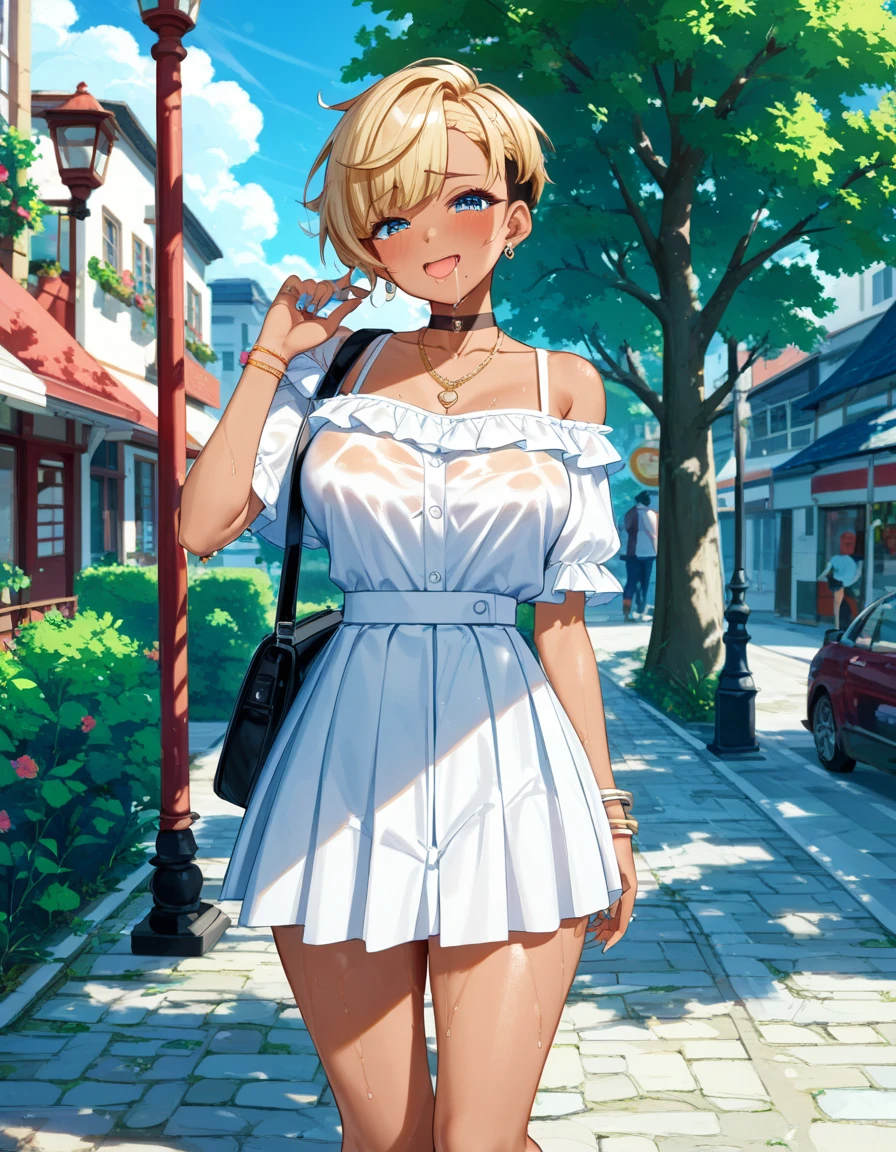(Highest quality, 4K, 8k, High Resolution masterpiece:1.2), Very detailed, Picturesque, Anime-style photos, Photo Animation:1.37)、a beautiful girl、(Brunette Hair)、(pixie cut)、gyaru、tan、Crowded Street Corner、Ecstasy face、trembling、Sweat、Drooling、crying、vapor、Black choker、pierce、necklace、bracelet、