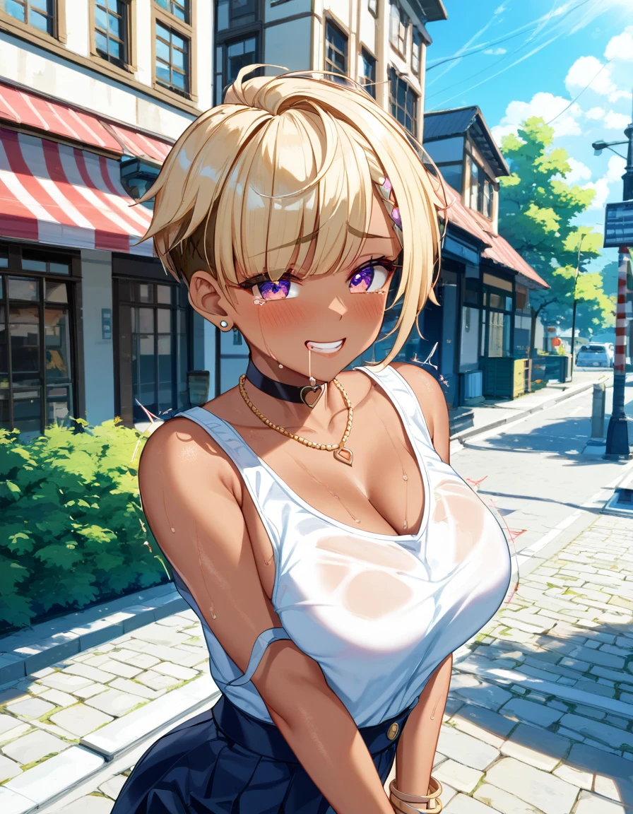 (Highest quality, 4K, 8k, High Resolution masterpiece:1.2), Very detailed, Picturesque, Anime-style photos, Photo Animation:1.37)、a beautiful girl、(Brunette Hair)、(pixie cut)、gyaru、tan、Crowded Street Corner、Ecstasy face、trembling、Sweat、Drooling、crying、vapor、Black choker、pierce、necklace、bracelet、