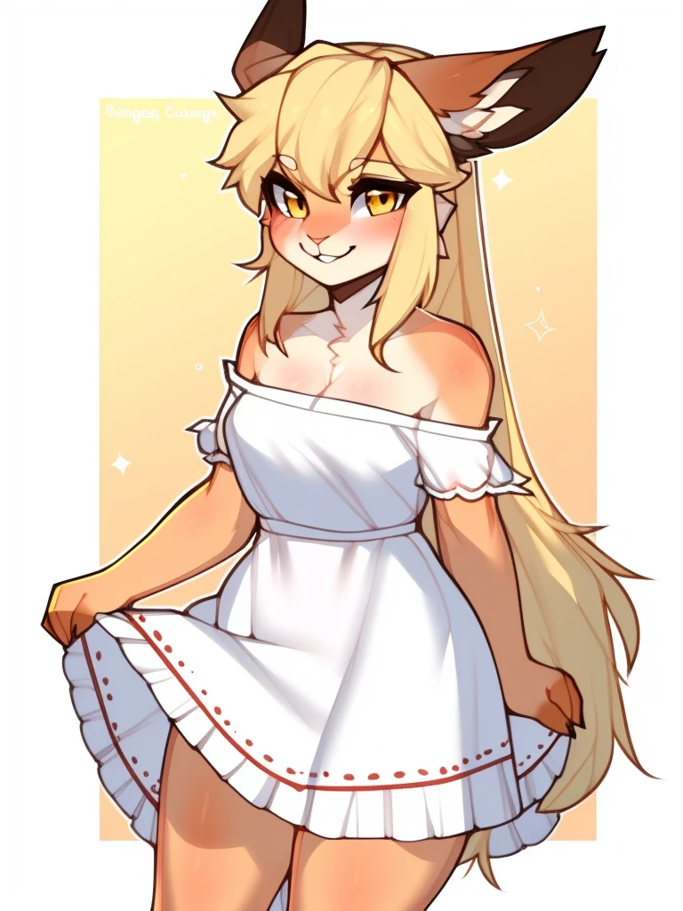 sfw, by claweddrip, by ressue, by pudgeruffian, by fleet-foot, by thericegoat, best quality, masterpiece, solo, female, rabbit, rabbit tail, (lop ears:1.1), blonde hair, long straight hair, beige fur, yellow eyes, bright eyes, medium breast, sundress, white sundress, off-shoulder, frills, gentle smile