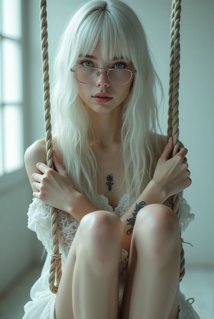 
create me a picture of a European girl with long straight white hair with bangs blue eyes with glasses tattooed upside down with her legs hanging tied by ropes and her hands behind her back with ropes