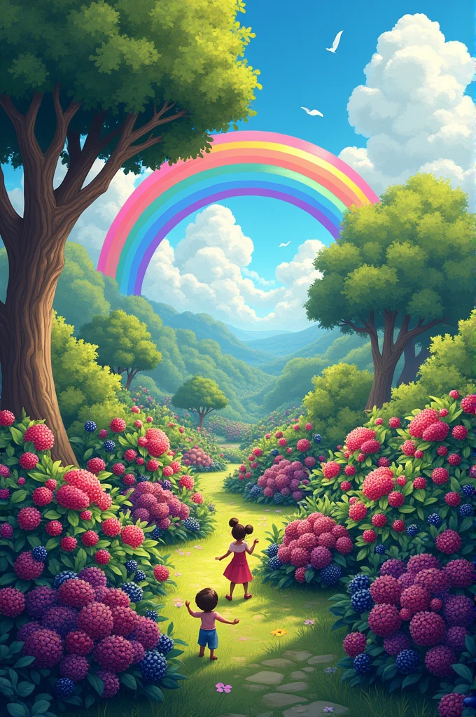 A garden of blackberries, with trees, blue sky, rainbow, very playful and