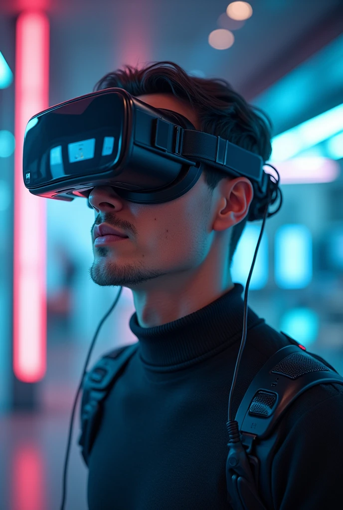 A white man with black hair wearing virtual reality glasses