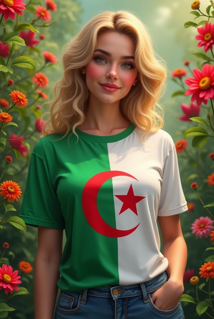 Fat blonde woman wearing a t-shirt with the Algerian flag half white and half green, green nature background with beautiful flowers. Realistic picture. High quality and fine taste