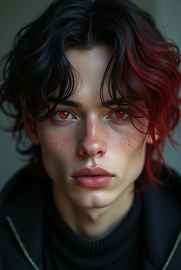 man in his early 20s of Nordic origin with discreet features, with black and red hair and slightly reddish eyes