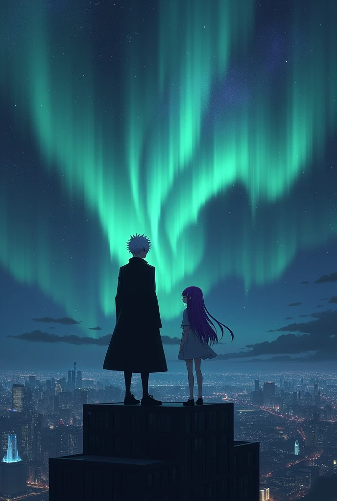 Kaneki on top of a building with a thin girl with purple hair and glasses at night and Auroras in the sky