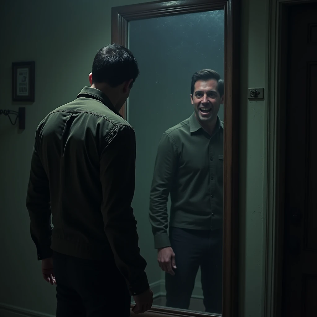 A frightened man stands with his back to the mirror, in which his reflection with an evil smile