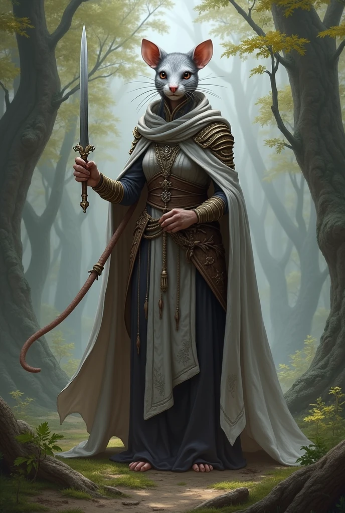 Une Ratfolk femelle avec le poile gris et blanc dans le style de Pathfinder de la classe des prêtres avec pour divinité Desna avec une côte de maille légère et du cuir et sans cape