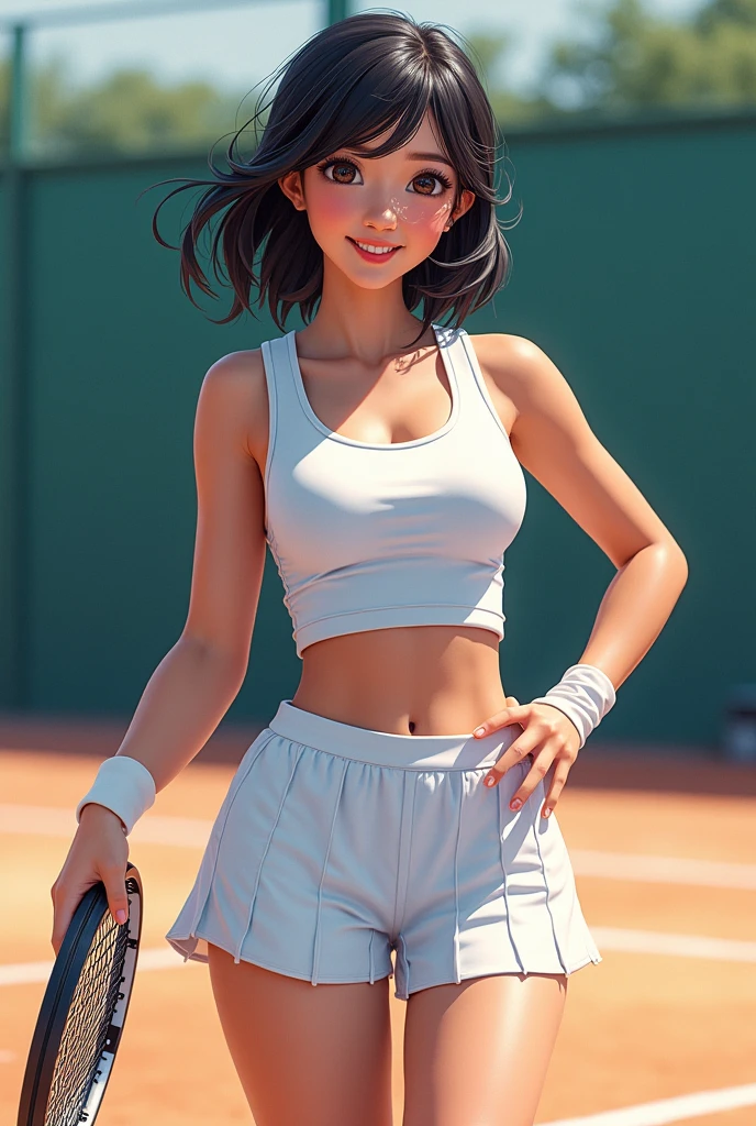happy dark hair woman with tennis uniform and tennis racket