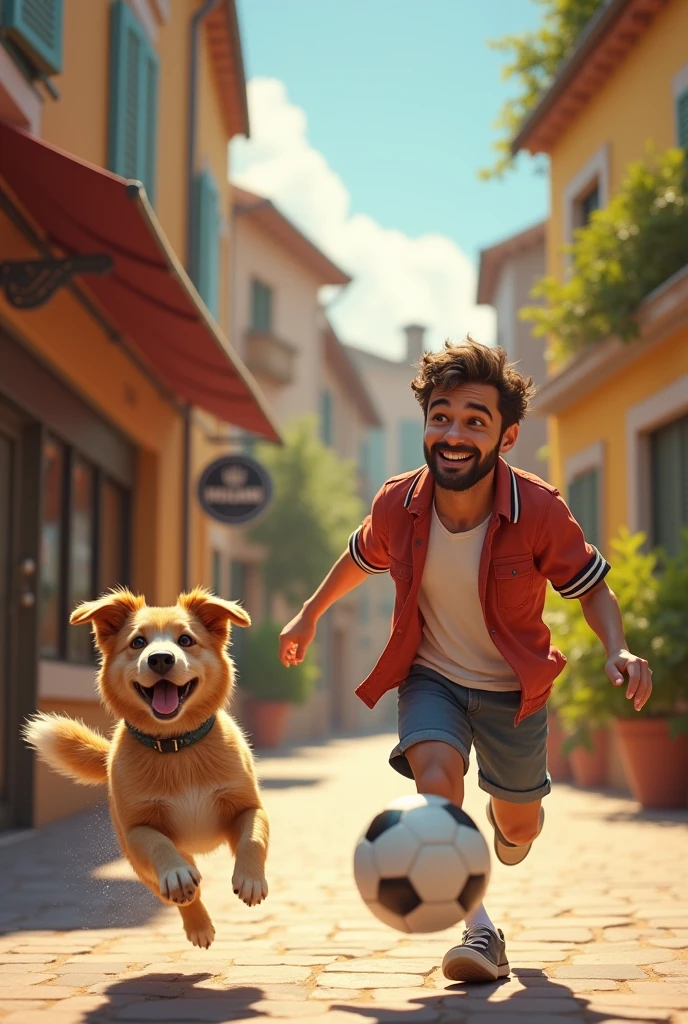 Dog playing soccer with weekend from Italy and a store next door 
