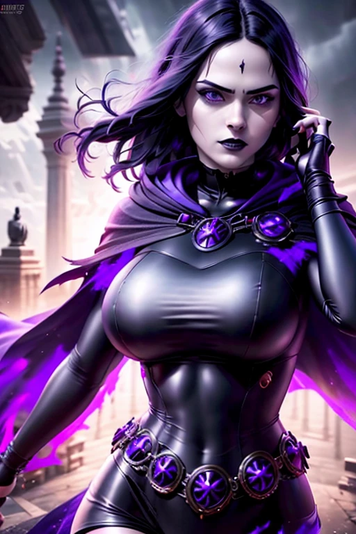 a gothic girl in a black cape and black and purple suit, long dark hair, 1 girl, solo, highly detailed, photorealistic, 8k, masterpiece, hyper detailed face, striking purple eyes, dramatic lighting, dark moody atmosphere, cinematic composition, intricate costume details, flowing fabric, dramatic poseBreasts, Large breasts, 