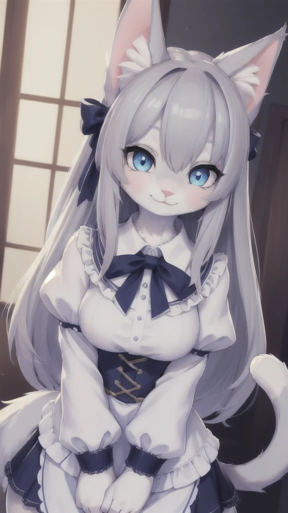 best quality,best resolution,(fluffy anthro furry :1.6),fox girl,small breasts,light blue hair,long hair,wavy hair,curvy hair,light blue fur,glistering eyes,sparkle eyes,maid outfit,maid headdress,maid gloves,ruffles,beautiful cafe,white light,looking at viewer,full face blush,sexy face,smile,heart eyes,heart expression eyes,face to face,close up,two hands selfie,front view,heavy breath,sexy eyes