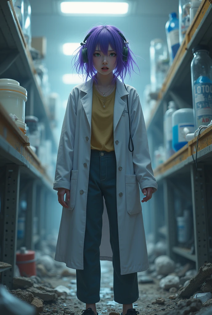 Purple hair butterfly woman in korean lab with scientist outfit with scared face scared face full body scared scared with fear realistic broken lab scene destroyed lab and she with headphone