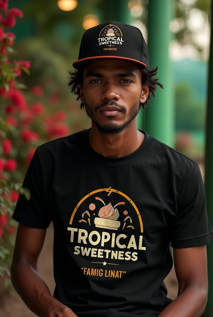I have a gourmet ice cream company but I don't have a logo. Create a logo "Tropical Sweetness" the name has to be in Portuguese. is the name of the brand that has a creative modern design from a multi-million dollar company and unique is based on the culture of Angola an arrogant design. Alguém está a usar uma t t-shirt preta com a logotipo da Tropical Sweetness e um chapéu preto também com o logótipo