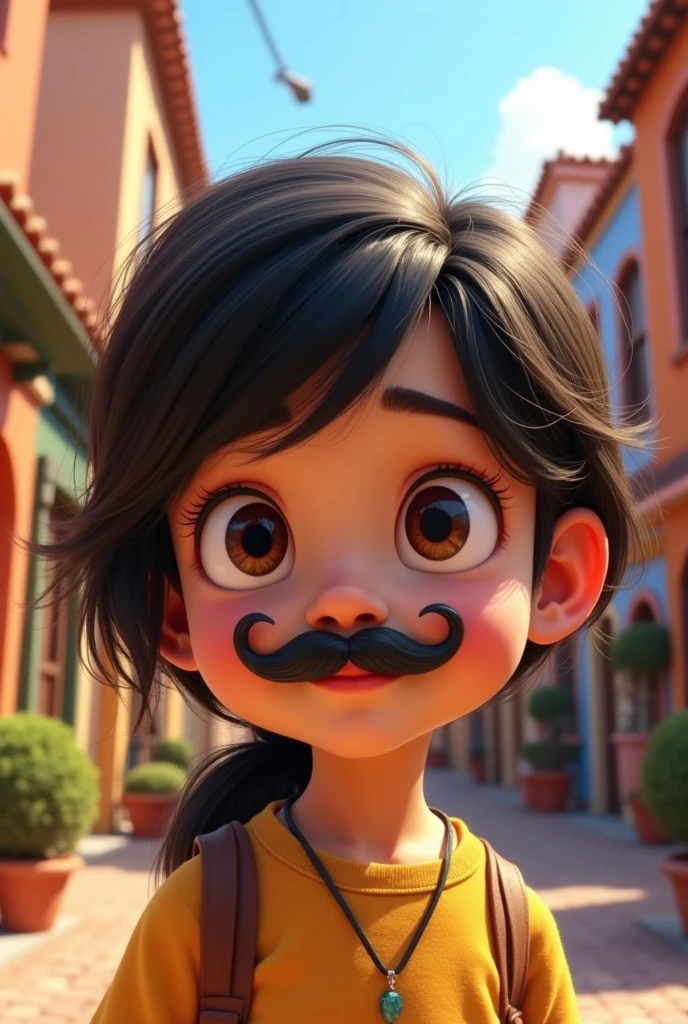 Disney Pixar image of a dark brown haired girl with dark brown eyes with her mustache in the style of Don Ramón around her is the neighborhood