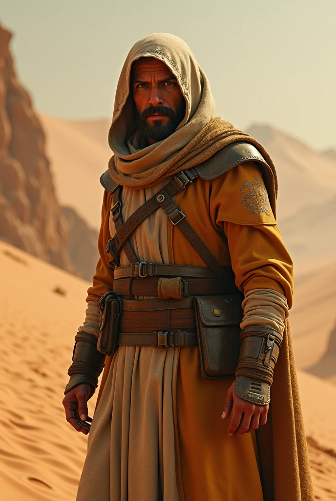 create an image of this man, in a scene from the movie Dune 2, com outfit de Duna 2