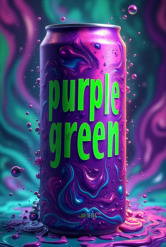 Psychedelic splash art from a purple energy drink can with the words Purple Green written on it, Purple written in green and Green written in purple with the background running in cyan green and pink colors