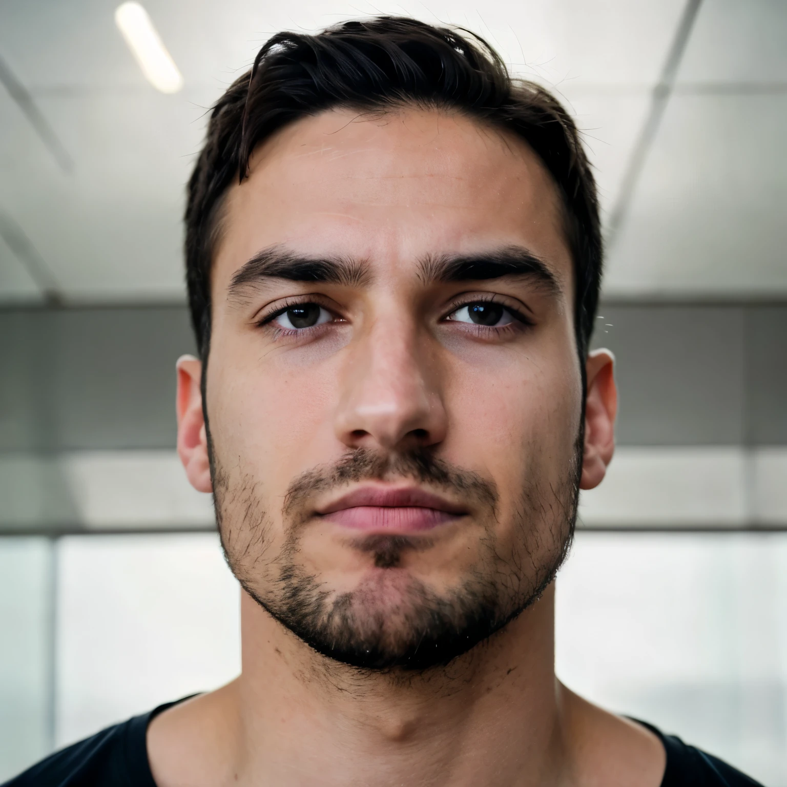 Create an ultra-realistic image of a man around 2, staring at the screen with an intense and thoughtful expression. The image should focus on facial details, including clear, bright eyes, a subtle smile, and normal facial features. The man has fair skin, short black hair, and a clean-shaven look. Every detail, from the texture of his skin to the light reflections in his eyes, should be crisp and lifelike. The background should be out of focus, enhancing the realism of his face and expression.