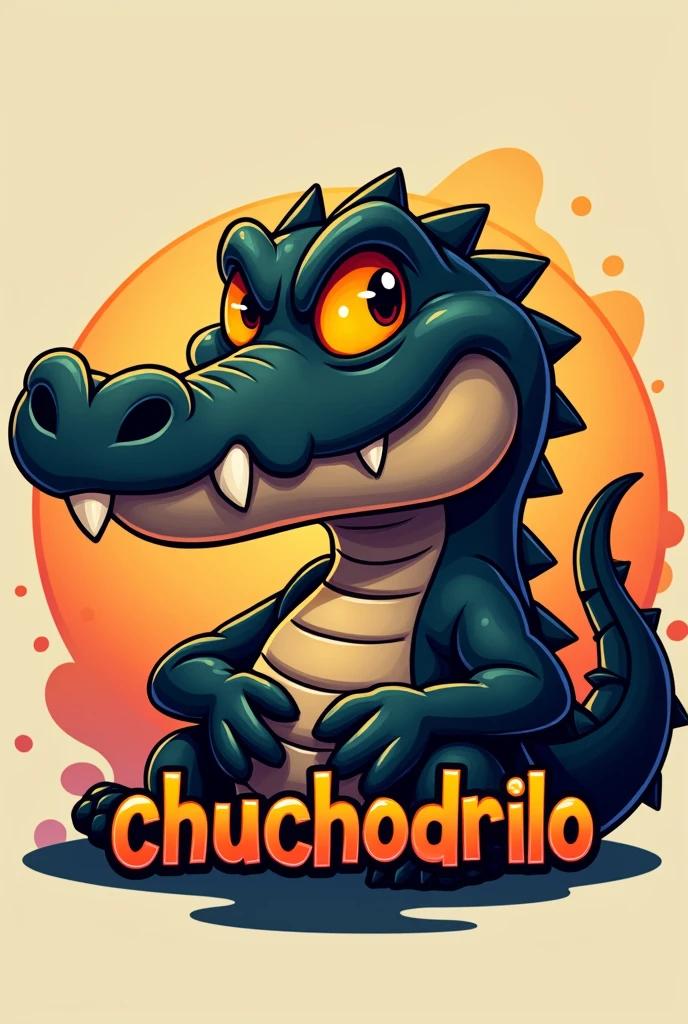 Create a 2D logo of a black, orange-eyed crocodile with text that says exactly CHUCHODRILO and in an animated style