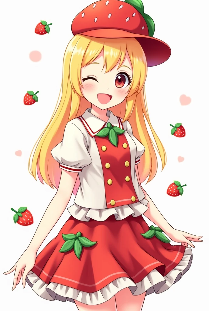 A girl with long blonde straight hair wearing a strawberry hat, wearing a strawberry sleeve blouse and a red skirt with green and seeds with a smile, the short skirt and the blouse without a drawing, only strawberry