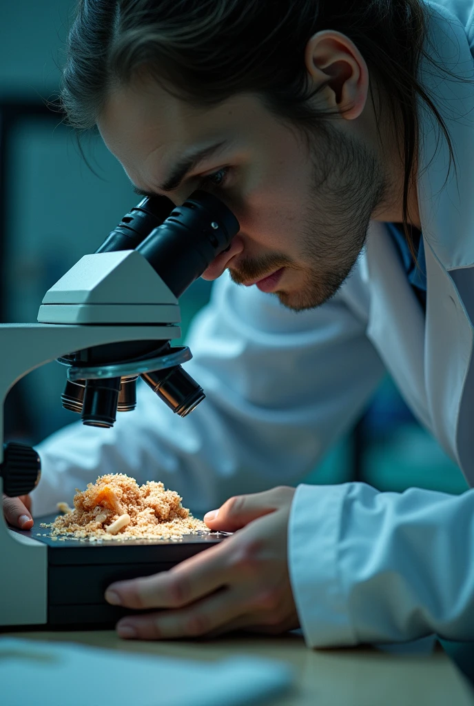 Biologist examining a decomposing fish with a microscope 