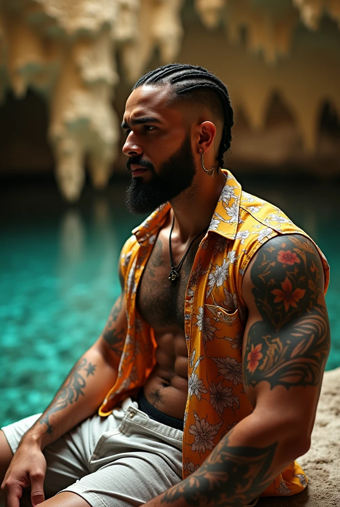 sitting profile White Muslim gangster man with white skin thick lips athletic body masculine energy and sexy defined chin trimmed faded beard short shaved hair on the sides with fade and braids on the sides colorful tattoo, wears a set (add color) with white flower print, open button-down shirt and shorts. In the background, hundreds of cave-like cenotes with yellow lighting and crystal-clear water, poor light