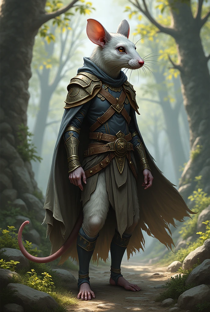 Une Ratfolk femelle avec le poile gris et blanc dans le style de Pathfinder de la classe des prêtres avec pour divinité Desna avec une côte de maille légère et du cuir et sans cape