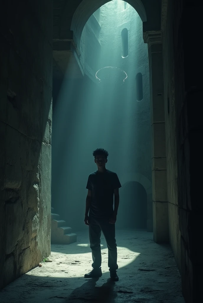 dimly lit corridor within the fort with shadows dancing on the walls. The young man looks around nervously, as ghostly, indistinct figures loom in the darkness."