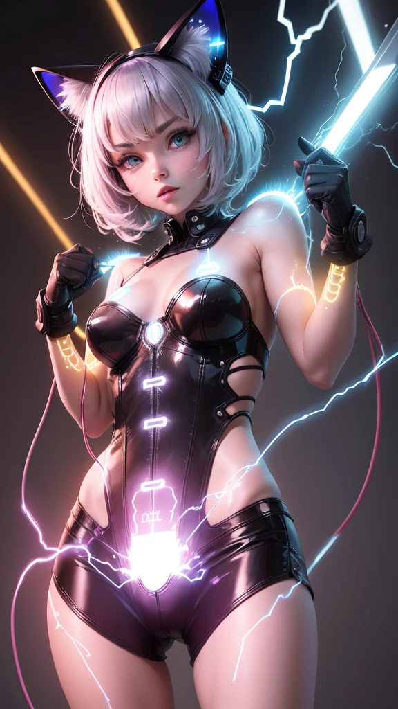 Darkness, horror, experiments, factories, sparks, (anatomy: 1.3) (damage: 1.2) (machine: 1.1) (woman with perfect body, full chest) has gray hair and beautiful, detailed red eyes. He has one (machine (heart: 1.1) and one (dirty face: 1.2), exposed wires and pipes, internal mechanical parts damaged and short circuited, severe damage, removal, natural light, light tracking, complex circuitry, illustrations, 8 wallpapers, ultra-detailed, full-body portraits, the best picture, wrong images, the wrong way, intricate details of the highest quality, ridiculous