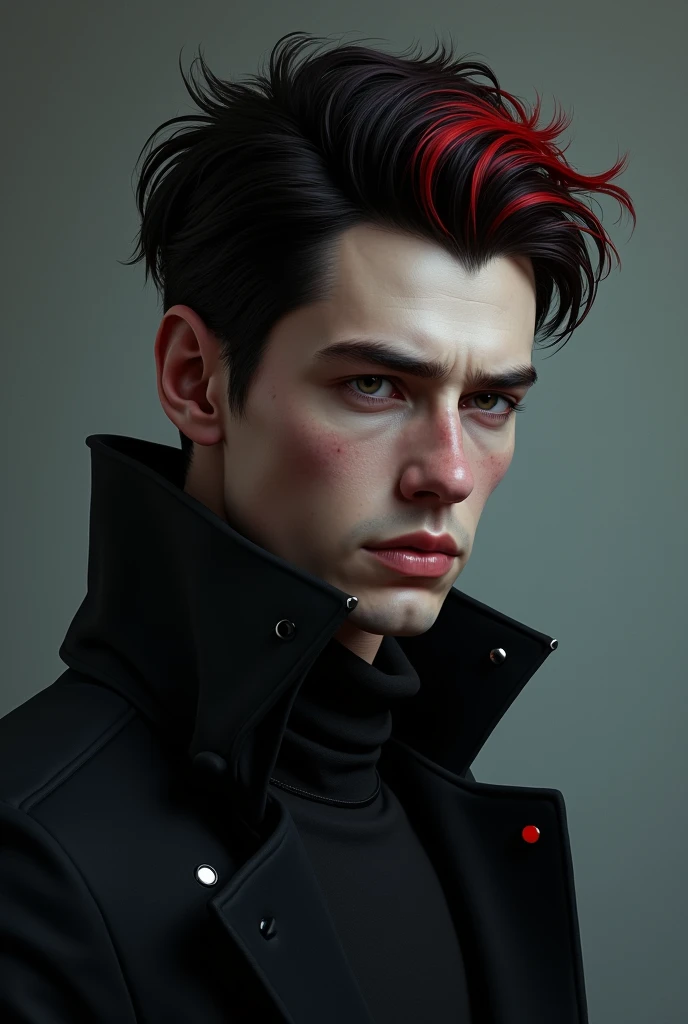 man in his early 20s of Nordic origin with discreet features and a villainous style, with black and red hair and slightly reddish eyes