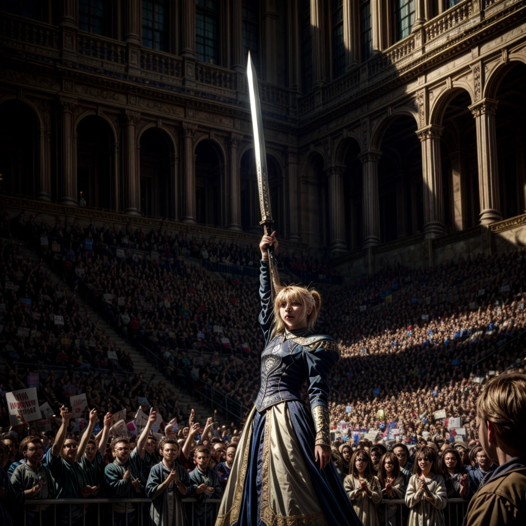 brown hair, 1girl, artoria pendragon \(fate\), holding up sword, outside, cheering crowd, high quality, highres, masterpiece, best quality, 8k, intricate, detailed, very detailed, 